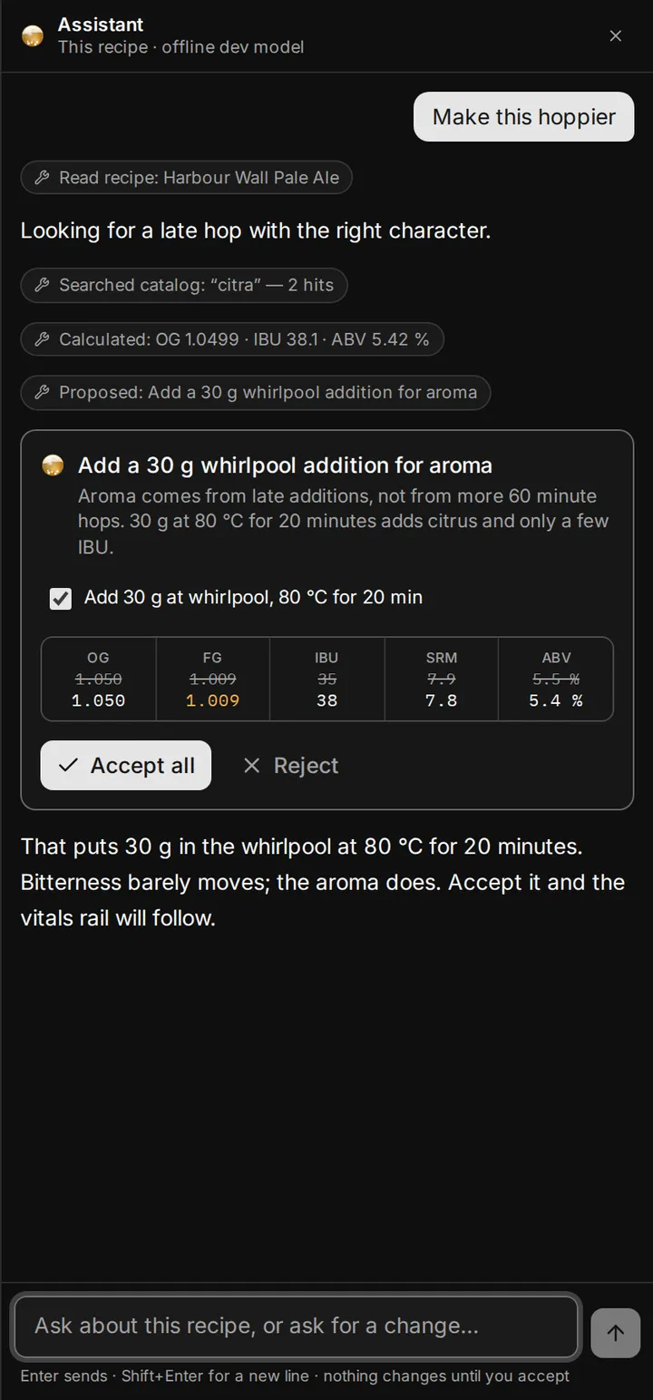 The assistant drawer after asking it to make a recipe hoppier: the tools it used, then a proposal card with one change ticked, a before-and-after of the vitals, and Accept all beside Reject. In the header, beside Close, the button that starts a new conversation.