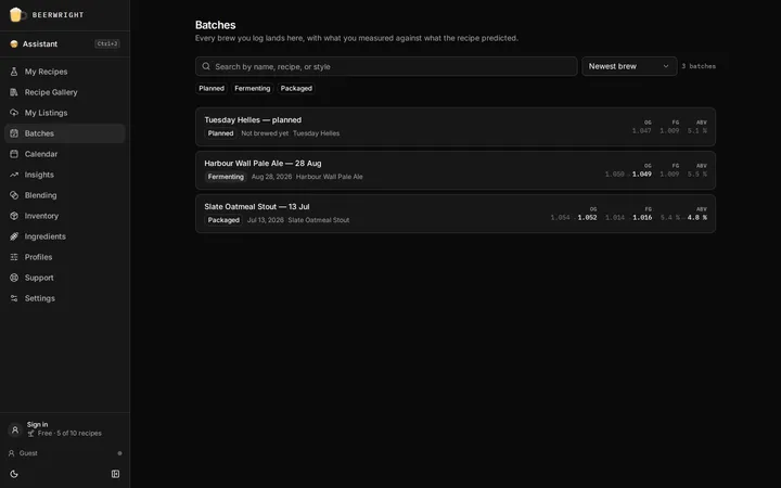 The batches page, with a fermenting batch, a packaged one and a planned one, each showing its status and dates.