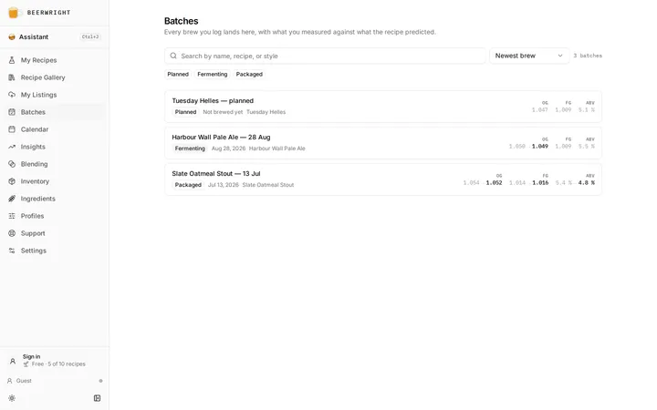 The batches page, with a fermenting batch, a packaged one and a planned one, each showing its status and dates.
