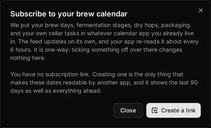 The subscribe dialog, explaining that a calendar app fetches the feed from Beerwright and offering the two addresses for it.