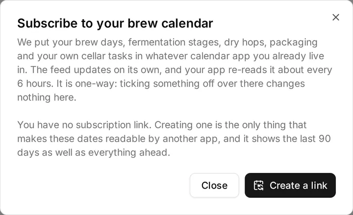 The subscribe dialog, explaining that a calendar app fetches the feed from Beerwright and offering the two addresses for it.