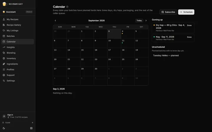 The calendar in month view, with a brew day, a dry hop and a packaging date marked on the days they fall.