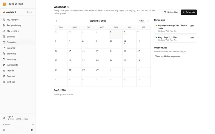 The calendar in month view, with a brew day, a dry hop and a packaging date marked on the days they fall.