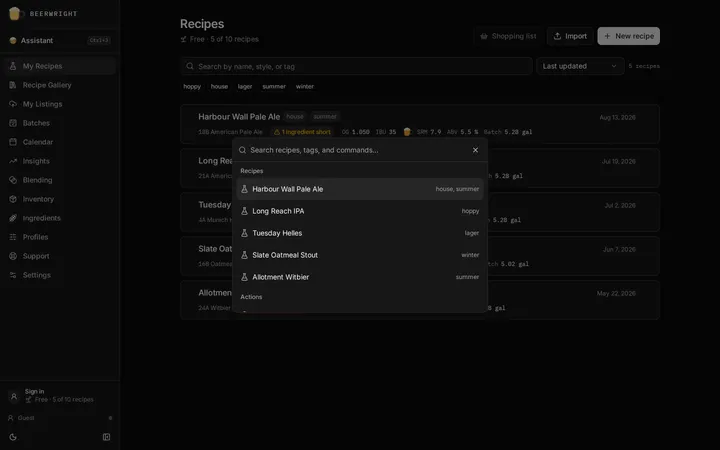 The command palette open over the app, with a search field at the top and grouped results below it: recipes by name, actions, and every page in the app.