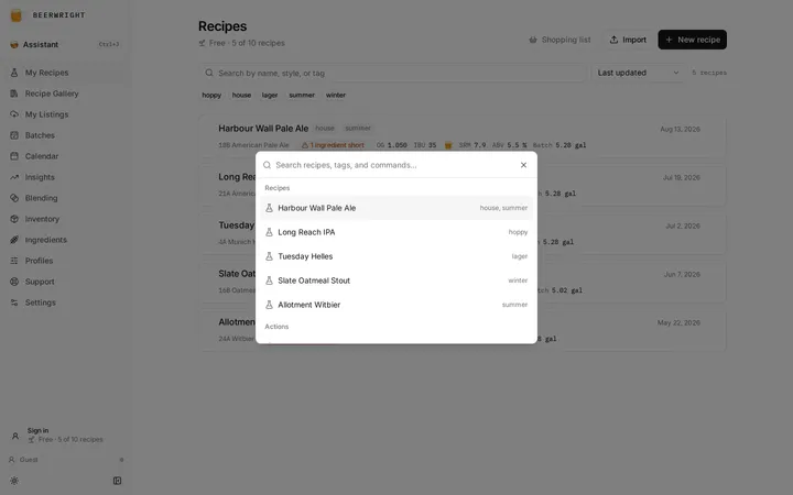 The command palette open over the app, with a search field at the top and grouped results below it: recipes by name, actions, and every page in the app.
