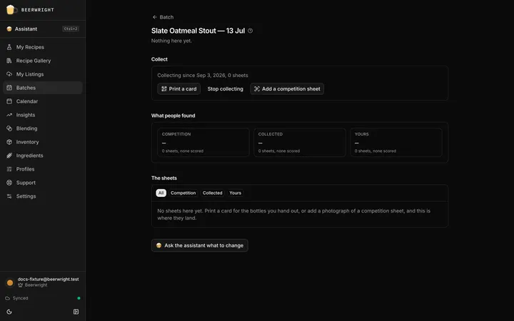 The Feedback page for a batch, collecting and waiting: the Collect panel with its buttons, the summary before anything has been scored, and the list saying where sheets will land.