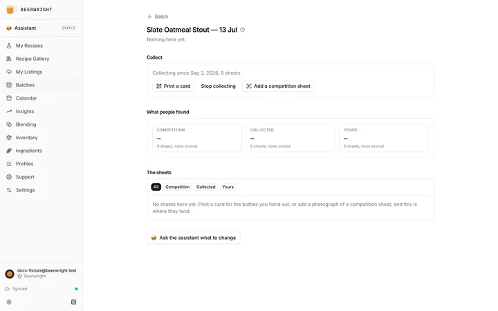 The Feedback page for a batch, collecting and waiting: the Collect panel with its buttons, the summary before anything has been scored, and the list saying where sheets will land.