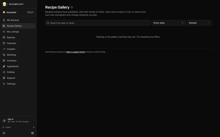 The recipe gallery, with a search box, style and sort filters above the cards other brewers have published.