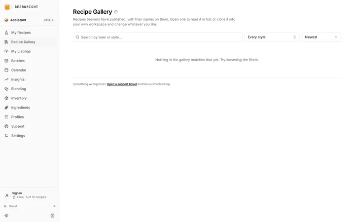 The recipe gallery, with a search box, style and sort filters above the cards other brewers have published.