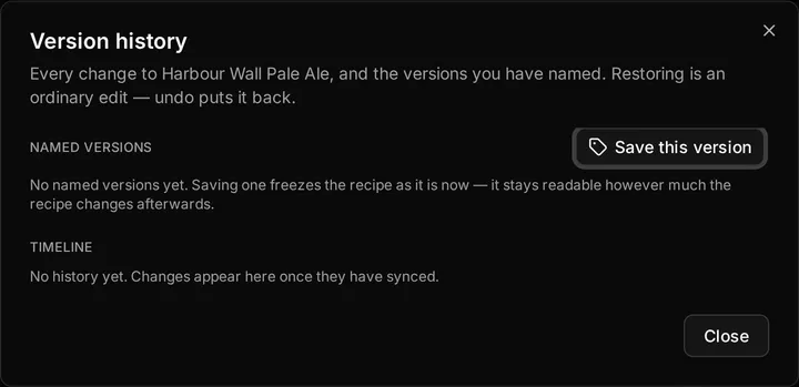 The Version history dialog, with named versions above and the change timeline below.