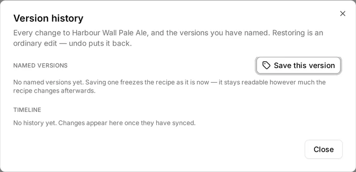 The Version history dialog, with named versions above and the change timeline below.