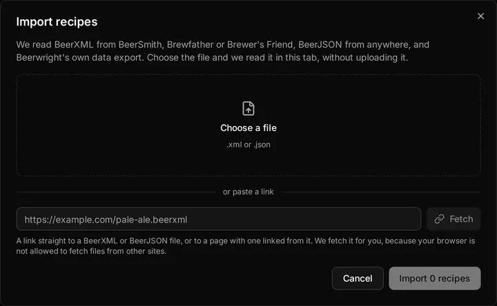 The Import recipes dialog, offering a file to upload or a link to fetch.