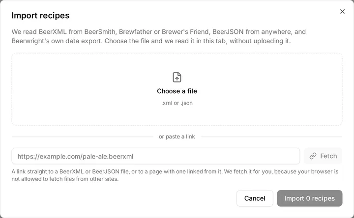 The Import recipes dialog, offering a file to upload or a link to fetch.