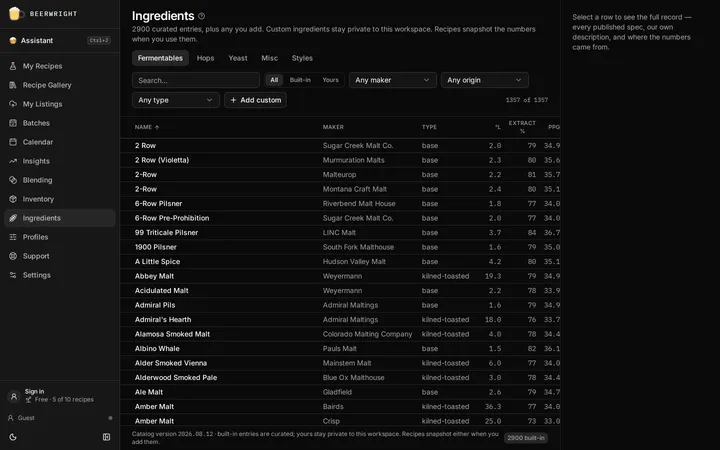 The ingredients browser: a tab per catalog kind, a searchable table of entries, and the detail panel down the right.