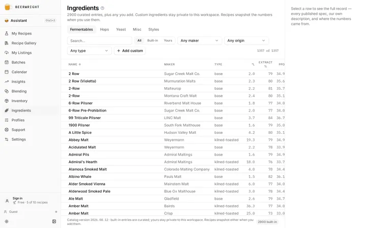The ingredients browser: a tab per catalog kind, a searchable table of entries, and the detail panel down the right.