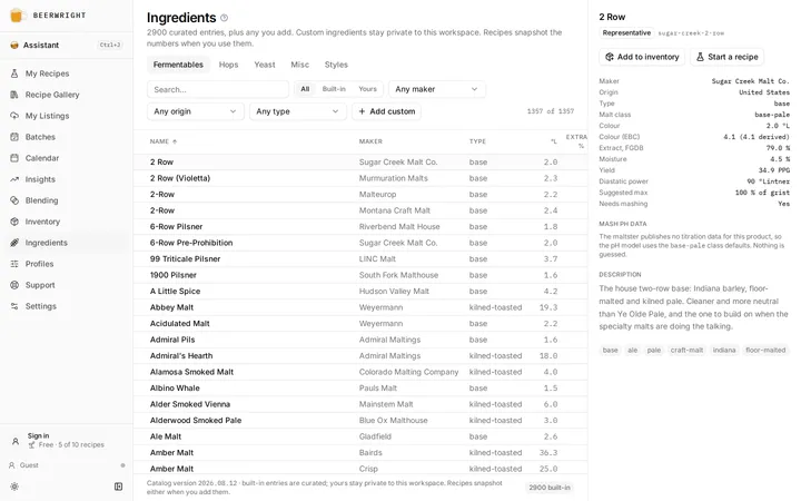 An ingredient selected in the table, with its full record open in the panel beside it: provenance badge, specs and the spec-sheet link.