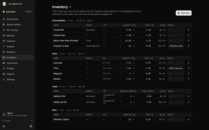 The inventory page, grouped by ingredient, with a row per lot showing quantity, unit cost and where it came from.