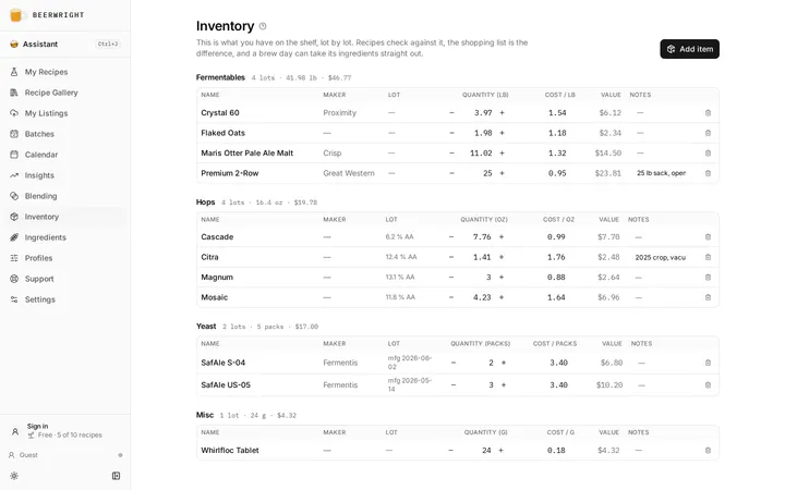 The inventory page, grouped by ingredient, with a row per lot showing quantity, unit cost and where it came from.