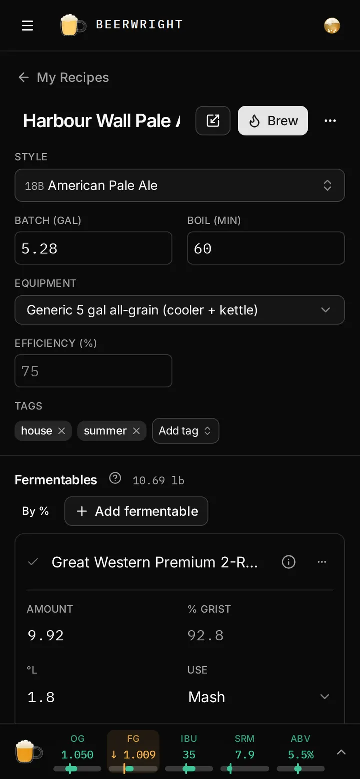 The recipe editor at phone width: the tables have become cards, one per ingredient, and the vitals rail is a strip docked to the bottom.