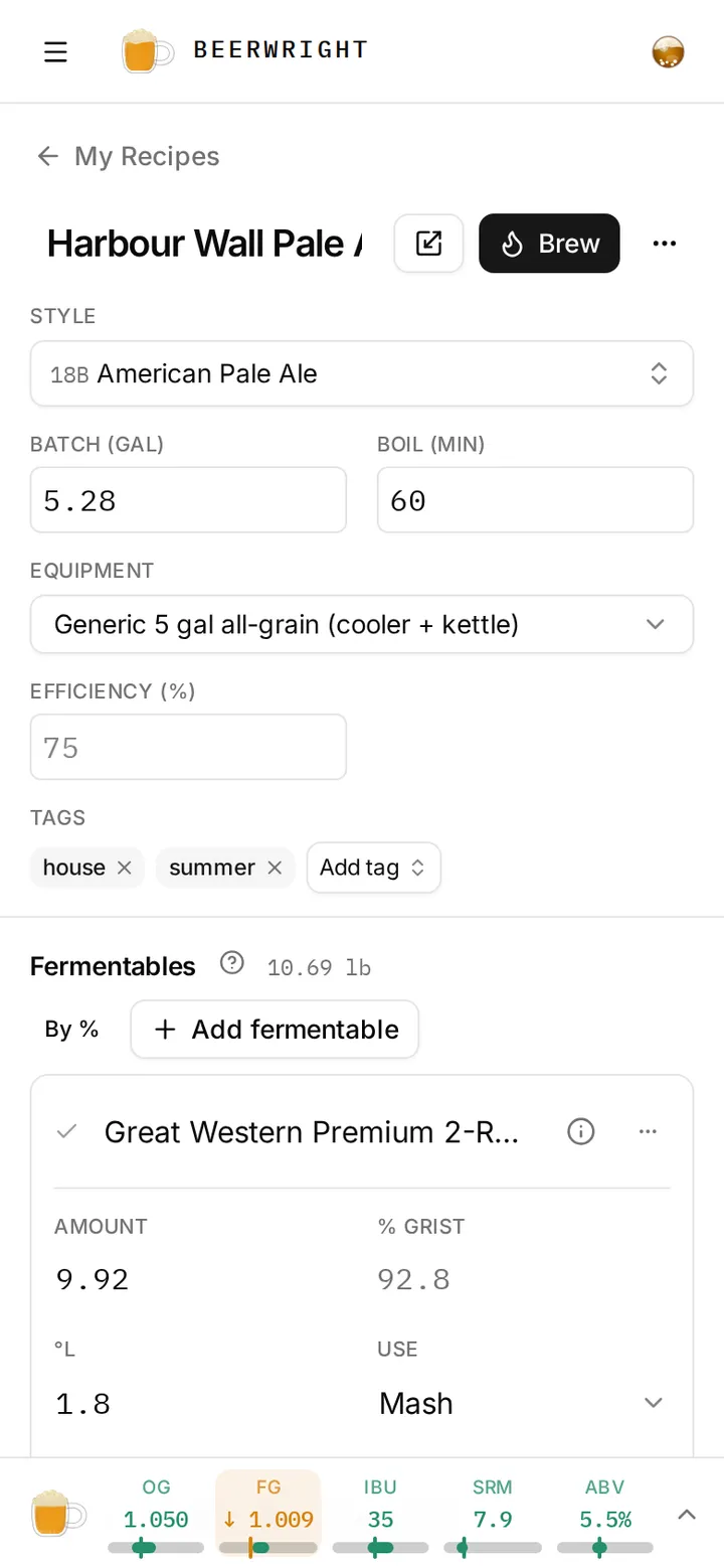 The recipe editor at phone width: the tables have become cards, one per ingredient, and the vitals rail is a strip docked to the bottom.