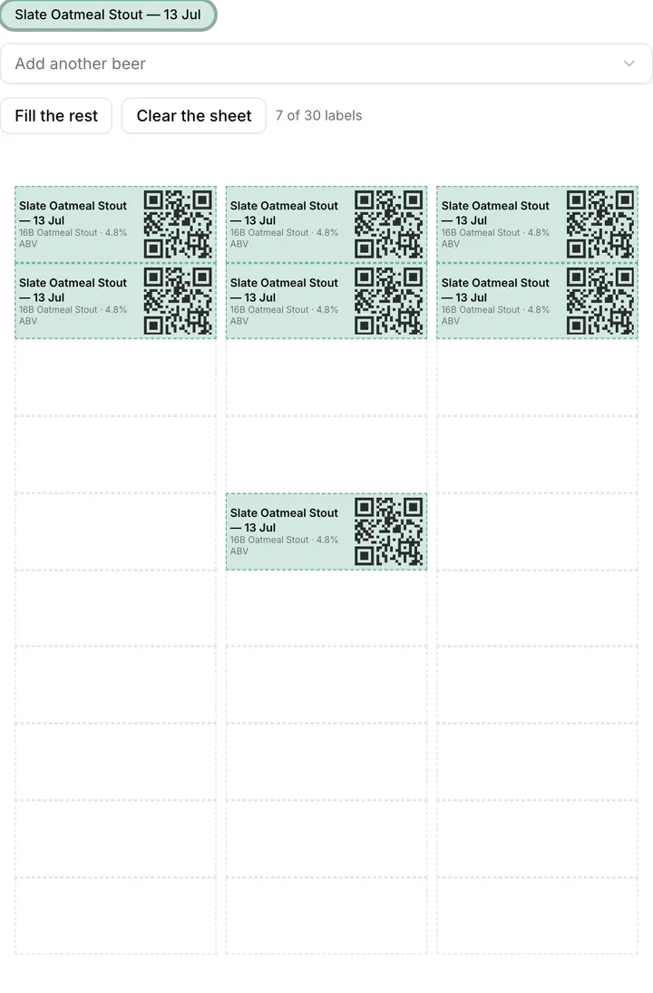 The Print labels page: the beer's chip above a sketch of the Avery sheet, seven of its thirty labels tapped and tinted with the beer's name, and the rest left blank.