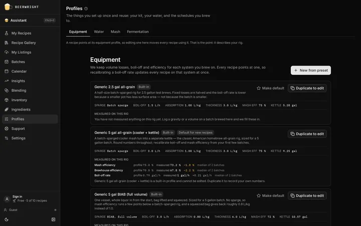 The Profiles page on its equipment tab, with a saved rig and the volumes and efficiencies it carries.