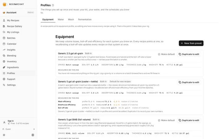 The Profiles page on its equipment tab, with a saved rig and the volumes and efficiencies it carries.