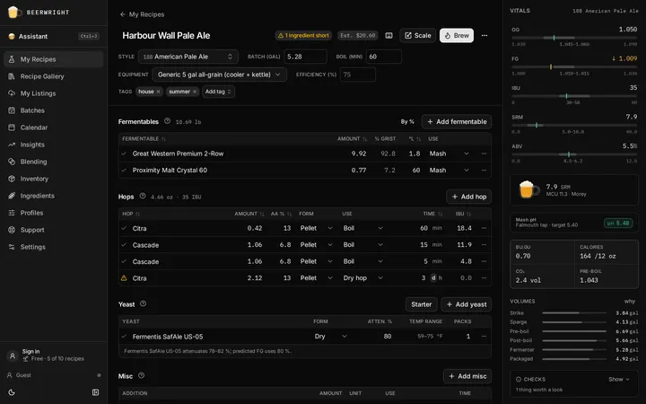 The recipe editor: the header with style, batch size and boil time, the fermentables and hops tables, and the vitals rail down the right-hand side.