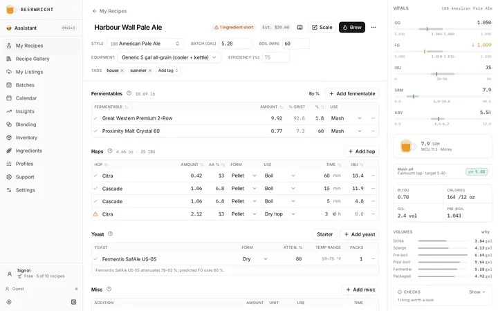 The recipe editor: the header with style, batch size and boil time, the fermentables and hops tables, and the vitals rail down the right-hand side.