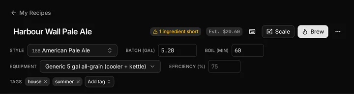 The recipe header: the name field, the style picker, batch size, boil time, equipment profile and efficiency.