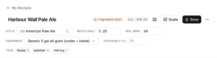 The recipe header: the name field, the style picker, batch size, boil time, equipment profile and efficiency.