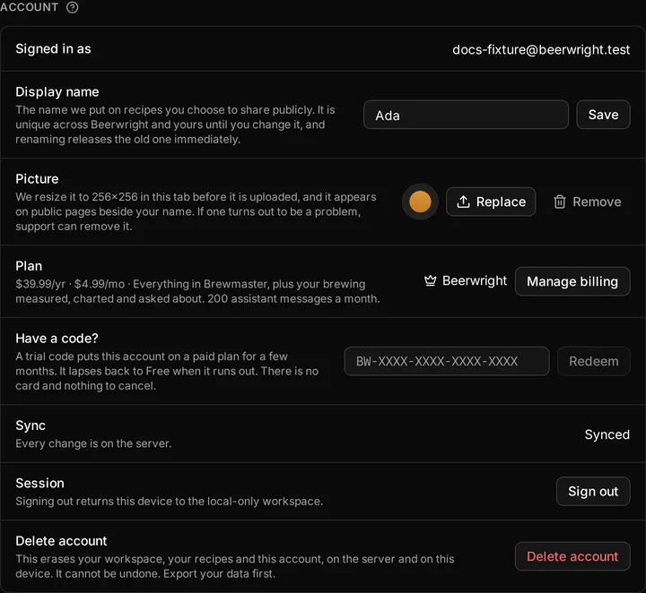 The Account section of Settings, with the display name Ada, the picture beside it, the plan, and the sync state.