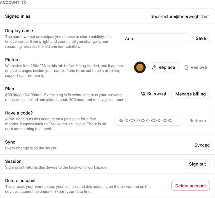 The Account section of Settings, with the display name Ada, the picture beside it, the plan, and the sync state.