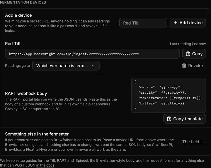 The Fermentation devices section of Settings, where a device URL is minted and each device shows when it last reported.