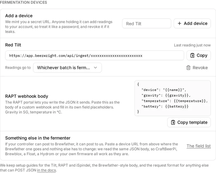The Fermentation devices section of Settings, where a device URL is minted and each device shows when it last reported.