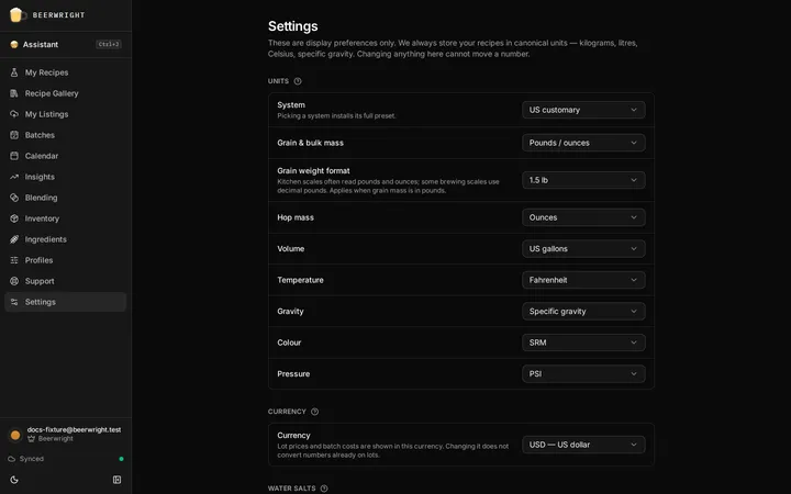 The Settings page, with the Units, Currency, Water salts and acids, and Appearance sections open one under another.