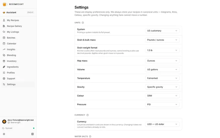 The Settings page, with the Units, Currency, Water salts and acids, and Appearance sections open one under another.