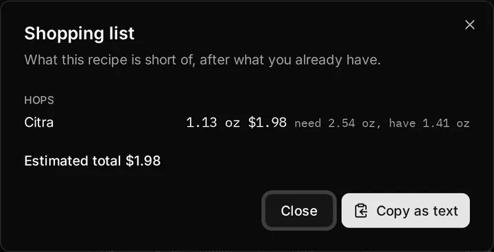 The shopping list dialog, one line per ingredient the recipe needs more of than the cupboard holds, with the shortfall and the estimated cost.