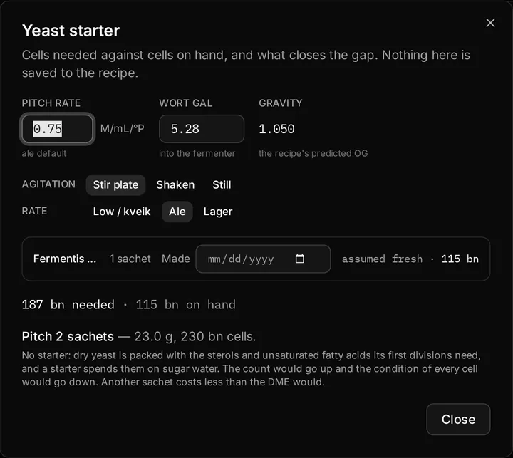 The Yeast starter dialog: the pitch rate, the cells needed against the cells on hand, and the starter it proposes.