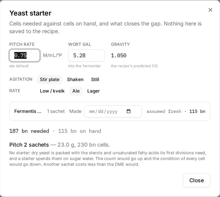 The Yeast starter dialog: the pitch rate, the cells needed against the cells on hand, and the starter it proposes.