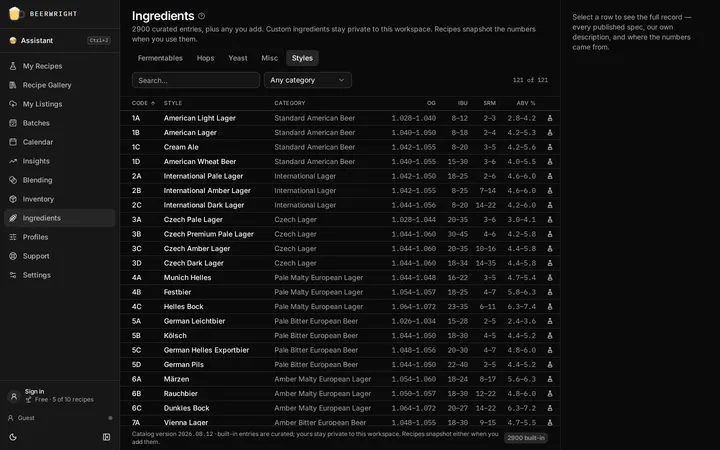 The Styles tab of the ingredients browser, listing BJCP styles with their category numbers and the ranges each one allows.