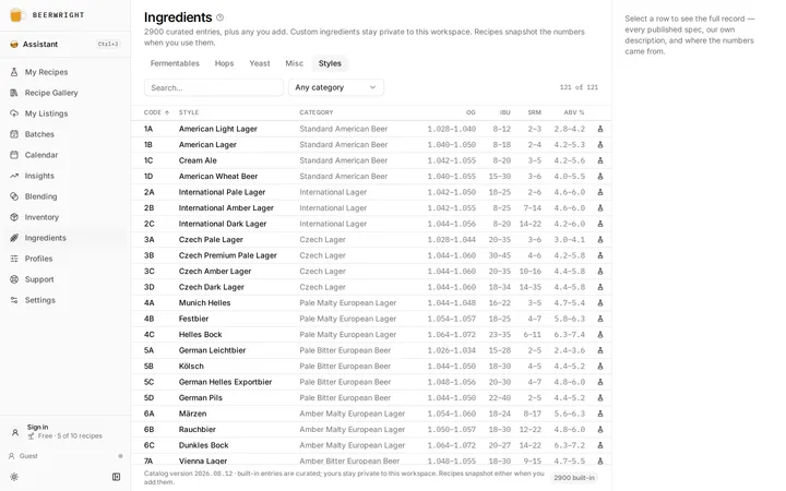 The Styles tab of the ingredients browser, listing BJCP styles with their category numbers and the ranges each one allows.