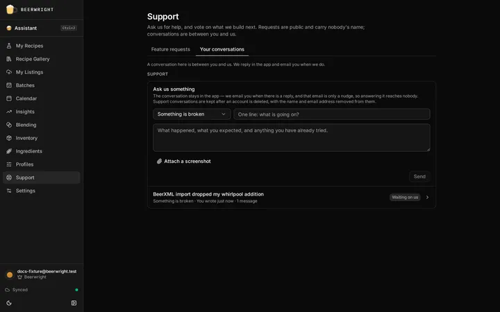 The Support page on Your conversations: a form to start a thread, and one open thread below it marked “Waiting on us”.
