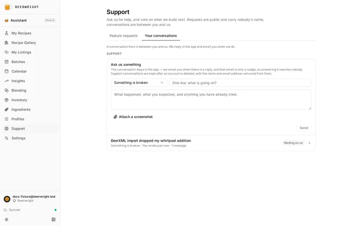 The Support page on Your conversations: a form to start a thread, and one open thread below it marked “Waiting on us”.