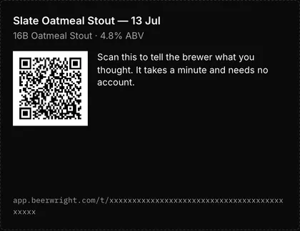 One tasting card: the beer's name and style line, a QR code beside the invitation to scan it, and the link printed underneath.