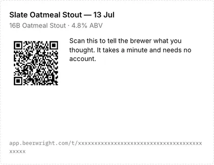 One tasting card: the beer's name and style line, a QR code beside the invitation to scan it, and the link printed underneath.