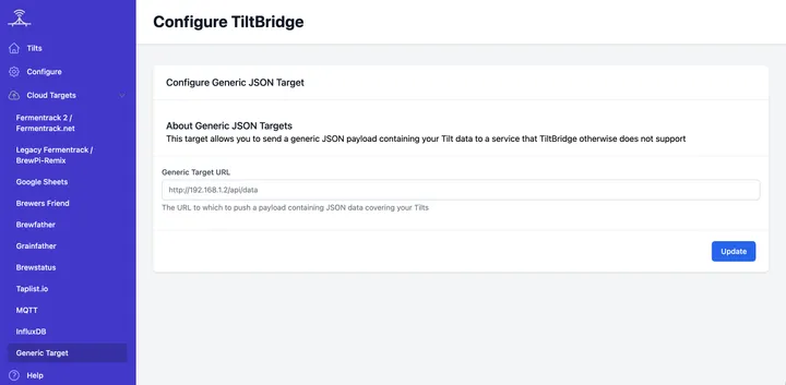 TiltBridge's Configure Generic JSON Target page, with the Generic Target URL field and the Update button