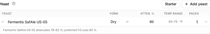 The Yeast panel with one culture in it, showing the strain, the form, the amount and its attenuation band.